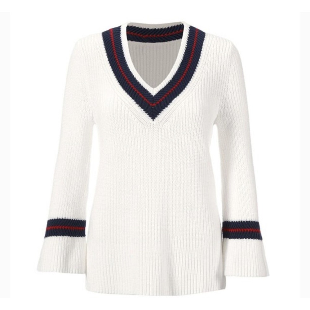 Cabi Ace Pullover Sweater Womens S White V Neck Tennis Stripe Bell Sleeve Preppy